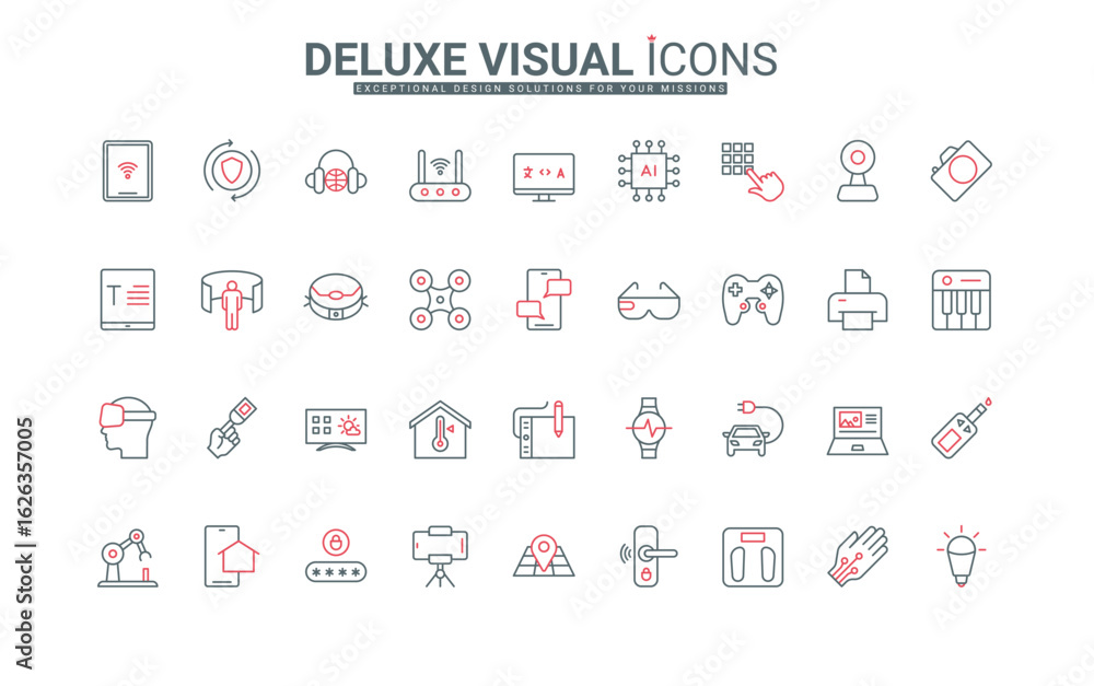 Poster smart equipment with using ai line icons set. electronic devices thin black and red outline symbols 