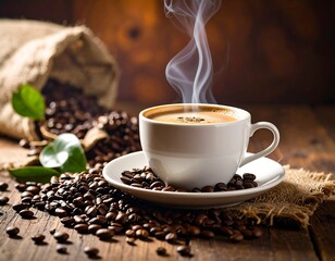 Invigorating aroma of freshly brewed coffee on a rustic wooden surface awaits consumption