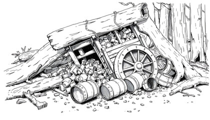 Obraz premium A black-and-white sketch of a crumpled supply chariot crushed beneath fallen logs, its contents spilling out in broken barrels. 