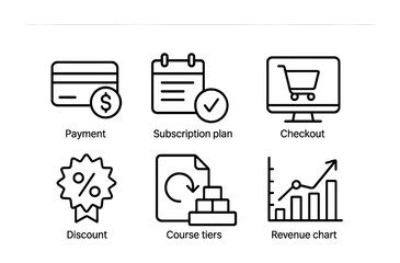 Monetization Tools Icons. Outline icon set of course monetization tools: payment icon, subscription plan,