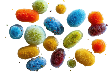 Colorful, textured, oval-shaped objects, various vibrant hues, scattered on a dark background.  Each object has a fuzzy surface, speckled with tiny, contrasting colors