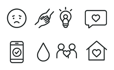 Depression Support Icons. Outline icon set of depression support: sad face, helping hand, light bulb moment,