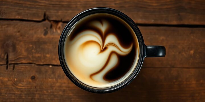 Creamy milk swirling into dark coffee, sitting on a rustic wooden table, cafe culture, table