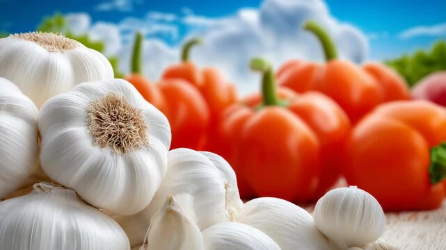 Aromatic garlic and bright pepper are the perfect combination for any kitchen. Fresh vegetables for healthy eating.