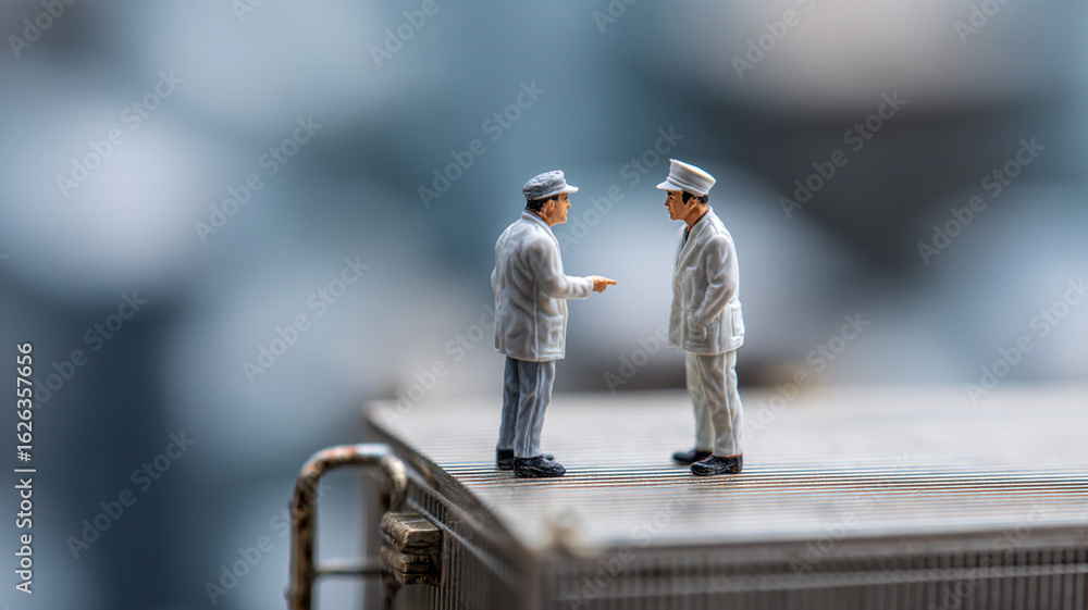 Poster two miniature figures in business suits are engaged in conversation on metallic surface, creating sc