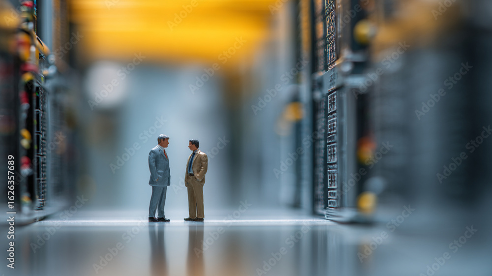 Poster two miniature businessmen in suits stand in server room, symbolizing technology and communication. s