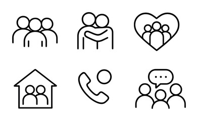 Support System Icons. Outline icon set of support systems: group icon, warm hug, support chat, community heart