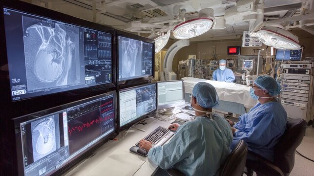 A team of skilled doctors and surgeons, wearing surgical gowns, masks, analyze detailed medical scans on multiple monitors in modern operating room. Advanced technology, collaboration in medical field