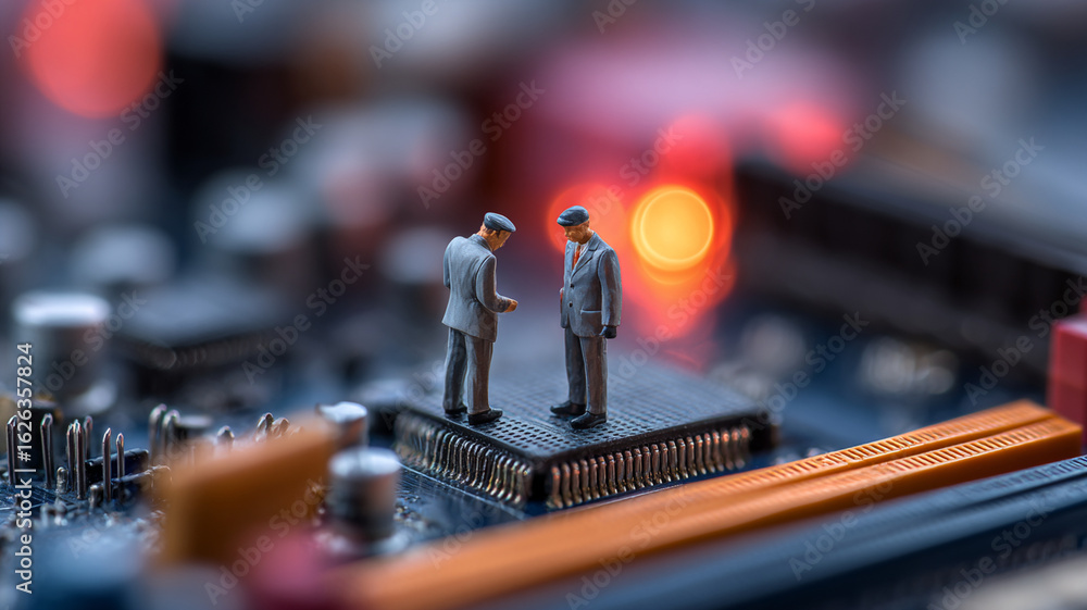 Poster two miniature businessmen suits stand computer chip, symbolizing technology and business integration
