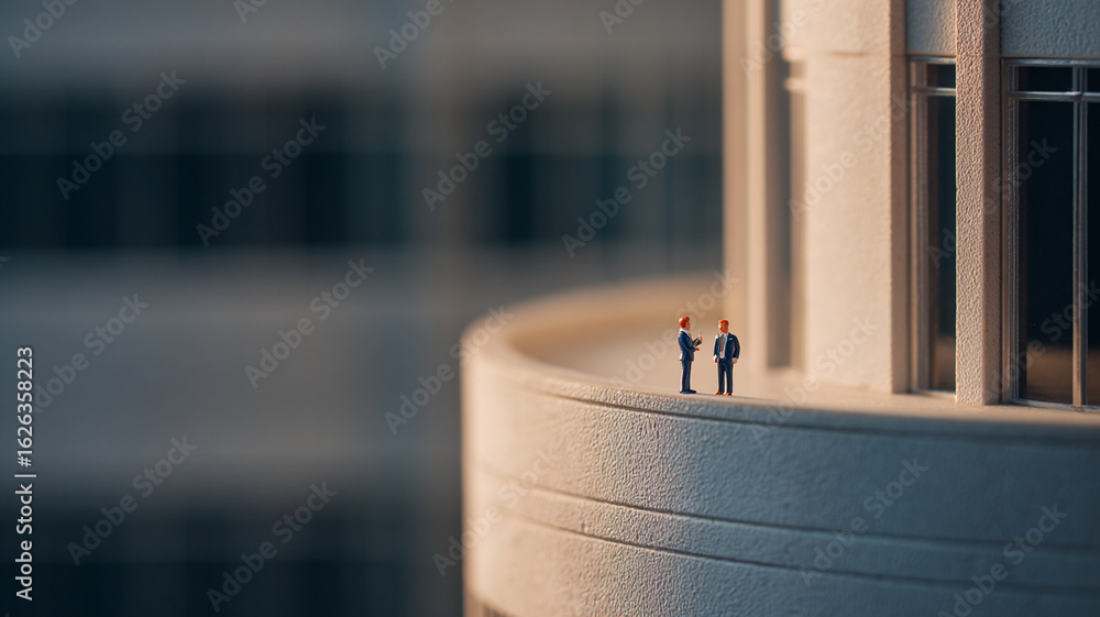 Poster miniature businessmen stand on edge of large building, creating surreal and imaginative scene. focus