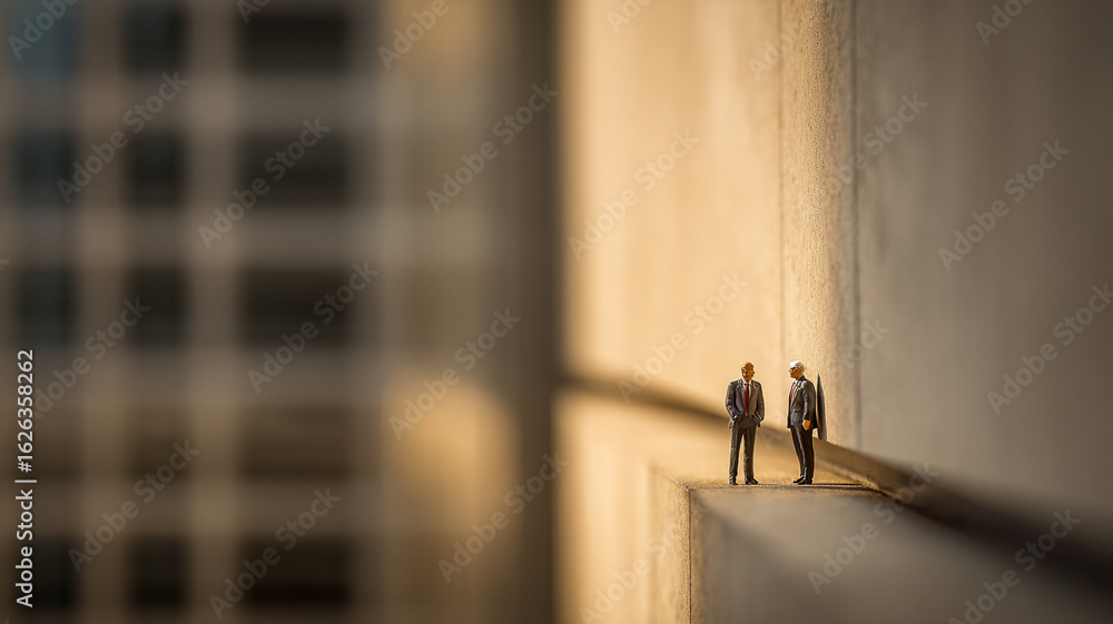 Poster two miniature businessmen stand on edge of building ledge, creating surreal and thought provoking sc