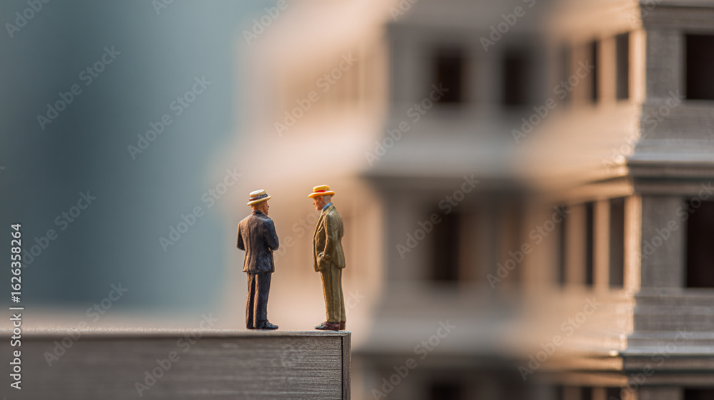 Poster two miniature businessmen stand on edge of surface, engaged in conversation, with blurred building i