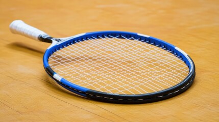 Blue and Black Tennis Racket on Wooden Court Surface