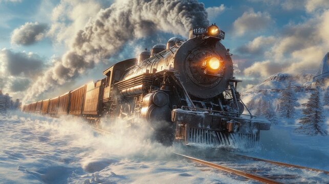 In the picture: an image of a powerful locomotive with freight cars racing along a snow-covered railway, symbolizing progress and success
