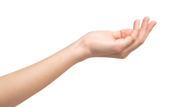 Woman hand shows open palm isolated on white background, with clipping path. Five fingers. Full Depth of field. Focus stacking. PNG