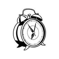 Classic Bell Alarm Clock Vector Illustration – Vintage Black and White Retro Wake-Up Timepiece Drawing for School or Home