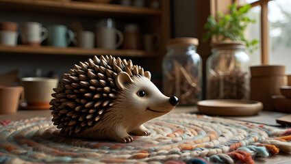 Charming ceramic hedgehog figurine with detailed quills sits on a woven mat in a rustic kitchen with shelves of pottery and jars in the background