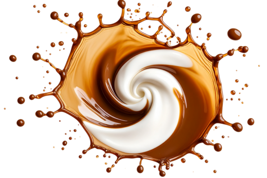 Coffee splash with cream swirl, top view, isolated on white background.