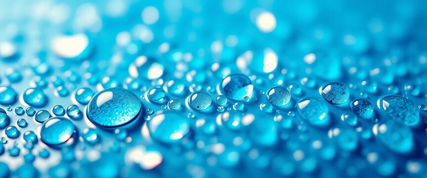 Close-up of vibrant blue water droplets, showcasing abstract textures and glistening reflections,  pure,  modern