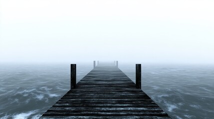 Fototapeta premium Foggy Pier Over Calm Water with an Eerie Atmosphere in Background