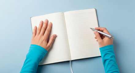 Open notebook with hands writing, on light-blue background, showcasing blank space for text or ideas, symbolizing creativity, planning, and journaling