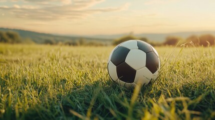 Soccer Ball Resting on Green Grass Under Sunset Sky in Meadow