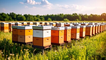 Obraz premium Rows of beehives in a field under a partly cloudy sky