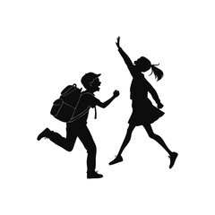 Silhouette of Happy School Kids Running and Jumping with Backpacks – Education, Friendship, and Childhood Joy Concept Vector Illustration