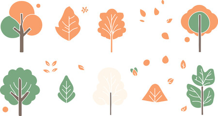 Collection of stylized autumn trees with falling leaves in a flat design