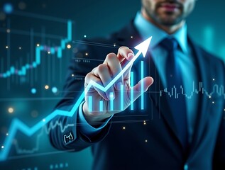 Businessman Drawing Upward Growth Chart in Futuristic Interface