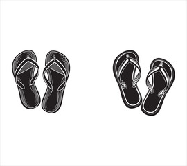 Black and white illustration of two pairs of flip flops representing summer vacation and relaxation on a white background