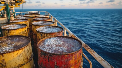 Naklejka premium Rusty barrels on a ship deck overlooking the vast ocean horizon