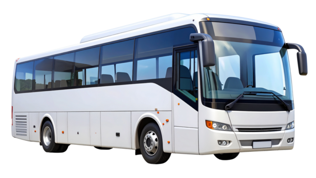 White empty bus isolated over white background, with clipping path. Full Depth of field. side view. PNG