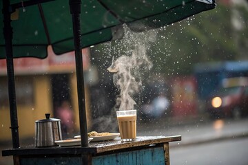 Enjoying hot chai and street food on a rainy day from a vendor cart is a comforting and classic scene