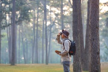 Bird watcher is looking through binoculars while exploring in the pine forest for surveying and...