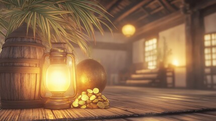 Warm Lantern Light with Treasure and Rustic Decor in Room