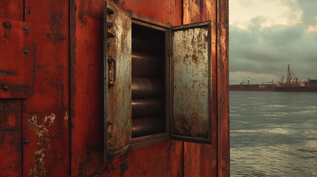 Rusty Metal Vent with Open Lid on Industrial Container Near Water