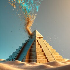 A pyramid made of sand levitating in mid-air, disintegrating into digital pixels, concept of time and decay, copy space background