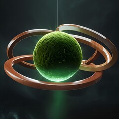 Floating rings of polished wood orbiting around a glowing moss sphere, dark void background copy space modern