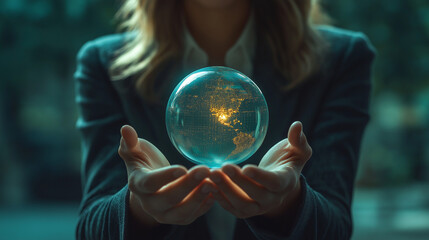 Confident businesswoman holds glowing digital globe symbolizing global connection and future technology opportunities