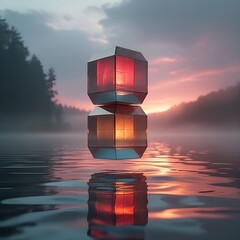 Stacked transparent cubes hovering above a lake reflecting a binary sunset, sci-fi atmosphere with ambient glow background copy space conceptual modern