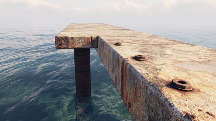 Rusty Pier Overlooking Calm Water Under Soft Cloudy Sky