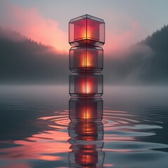 Stacked transparent cubes hovering above a lake reflecting a binary sunset, sci-fi atmosphere with ambient glow background copy space conceptual
