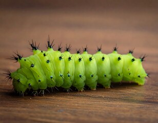 Lime Green Caterpillar Crawling on Wood Surface Revealing Detailed Body Structure