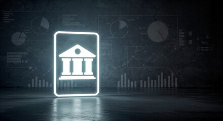 Neon bank icon with graphs on a dark background.