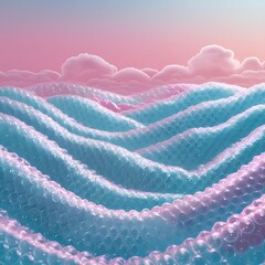 Bubble wrap forming a landscape of hills and valleys under a pink-blue gradient sky, clean and quirky mockup surface background copy space soft aesthetic