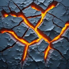 Cracked ceramic terrain shaped like mountain ranges, glowing lava inside cracks, top view background with copy space aesthetic illustration volcano digital art