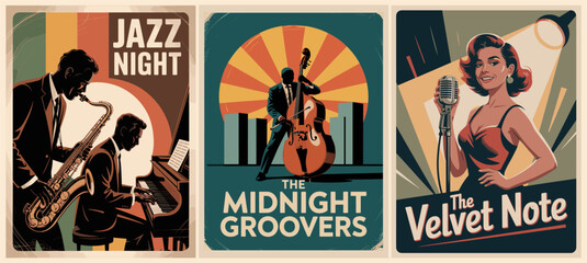 Set of mid-century modern jazz festival posters featuring musicians playing saxophone, piano, cello, and a stylish female singer with a vintage mic. Retro vector art full of rhythm and charm