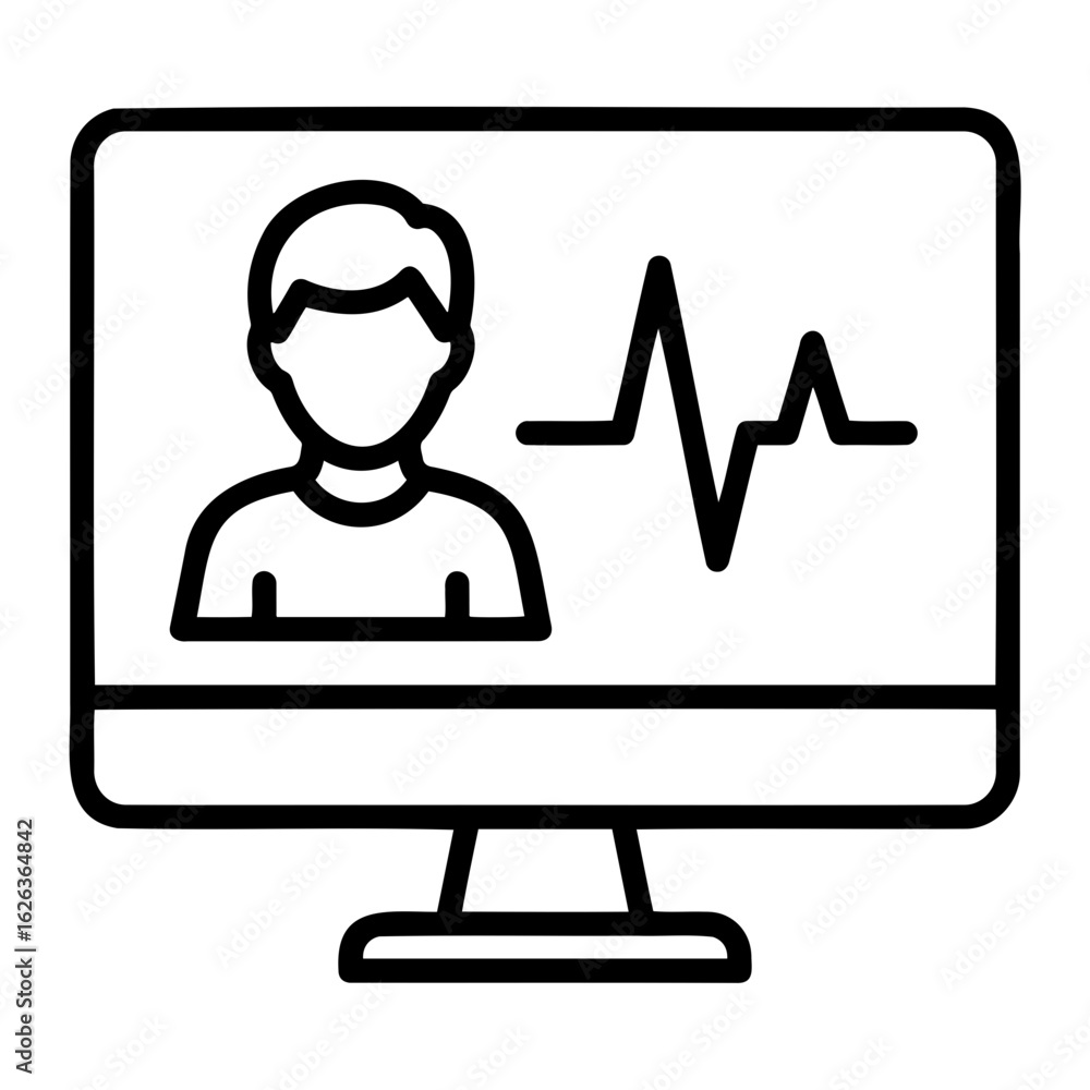 Poster vector computer screen displaying a person and a heartbeat waveform line on transparent background