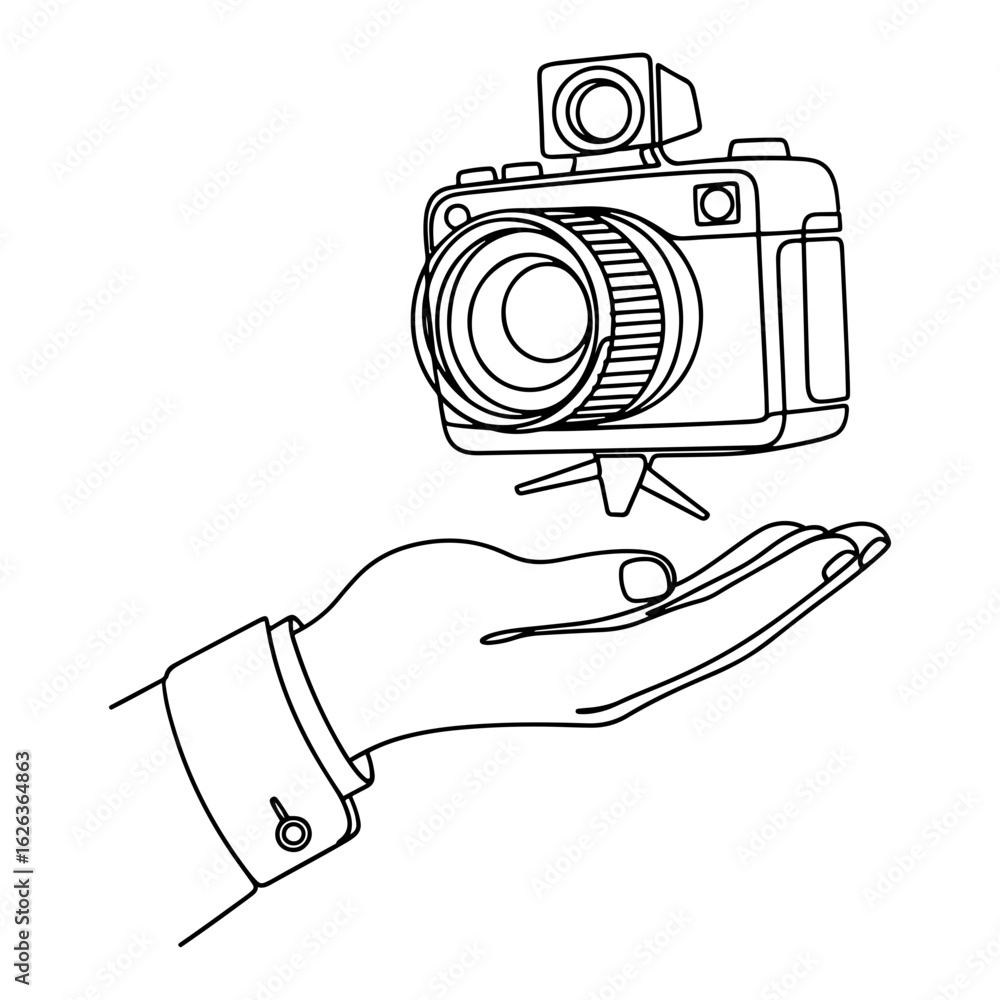 Poster vector hand presenting a camera with a flash in a line art illustration on transparent background